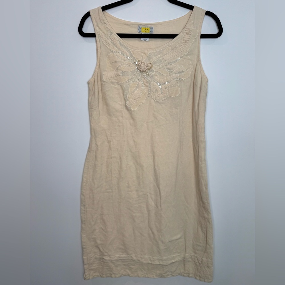 H.O.G. Linen Cotton Blend Sleeveless Vintage Cream Embellished Mini Dress size 8